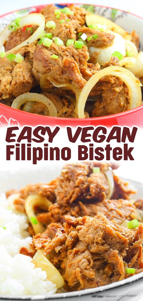 Vegan Bistek, a plant-based variation of a famous Filipino dish, is a delicious delight. This vegan version of Bistek, made with tender soy protein, tangy citrus marinade, and caramelized onions, is a tasty and satisfying alternative. Enjoy the rich flavors and heritage of this veganized Filipino staple, which is ideal for both meat eaters and plant-based fans! Vegan Filipino Recipes, Filipino Beef Steak Recipes, Filipino Bistek, Beef Steak Recipe, Vegan Filipino, Bistek Tagalog, Citrus Marinade, Vegan Steak, Filipino Dish