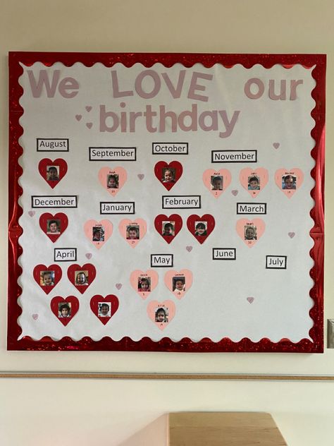 A Valentine’s Day themed birthday board with hearts quoted “We love our birthday” Valentines Birthday Board, Valentines Birthday Board Preschool, February Birthday Board Ideas, February Birthday Board, February Birthday Bulletin Boards, Birthday Boards Classroom, Valentine’s Day Board, Valentines Birthday Bulletin Board, Valentine’s Day Birthday Board