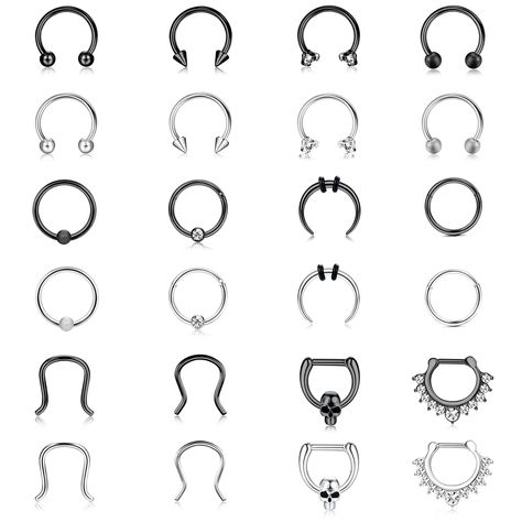 PRICES MAY VARY. 【Septum Nose Rings Set】: You will receive 24 pieces of Septum Rings, with a variety of styles and designs, including CZ nose rings, clicker septum rings, simple Horseshoe nose rings, etc. Black and silver tone Matching ,There are enough pieces to match your preferences and receive more praise. 【Hypoallergic Septum Piercing】: Septum Rings are made of 316L Surgical steel, 3A+cubic zirconia, shiny and dazzling, free from lead and nickel, rust free, Hypoallergic, and can be worn for Types Of Septum Rings, Nose Peicerings Septum, Alt Septum Piercing, Septum Piercing Jewelry Horseshoe, Septum Horseshoe Piercing Jewelry, Emo Septum Piercing, Lip Rings, Septum Nose Rings, Septum Nose