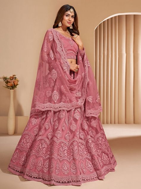 Pink Net Partywear Lehenga Choli - Inddus.com Onion Colour Lehenga, Pink Choli, Pink Color Lehenga, Indian Long Gowns, Pink Bridal Lehenga, Blouse Lehenga, Lehenga Online, Wedding Skirt, Lehenga Style