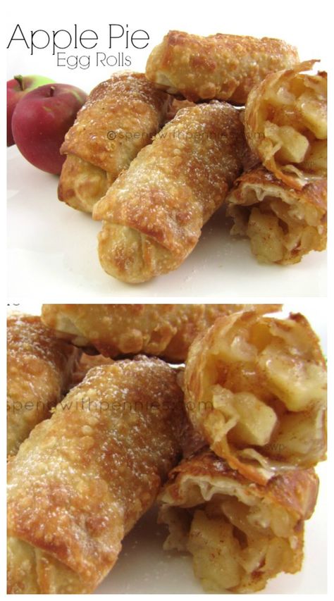 Apple Pie Egg Rolls!  Crispy crust with a warm apple pie filling... if you liked the OLD McDonalds Apple Pies, you will LOVE these! Apple Pie Egg Rolls, Mcdonalds Apple Pie, Apple Recipes Healthy, Apple Recipes Easy, Egg Roll Recipes, Apple Dessert Recipes, Oreo Dessert, Apple Pie Recipes, Egg Roll