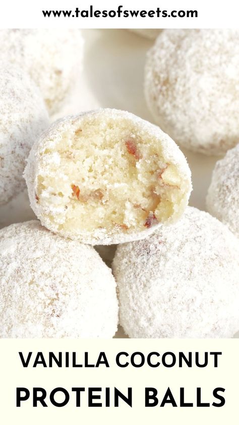 Vanilla Protein Balls Recipe | Vegan Vanilla Protein | Coconut Vanilla Protein Balls | Coconut Almond Balls Truvani Vanilla Protein Powder Recipes, Kachava Protein Balls, Coconut Flour Protein Balls, Protein Balls With Almond Flour, Protein Balls Coconut, High Protein Energy Balls, Vanilla Protein Balls, Protein Balls Vegan, Healthy Protein Balls