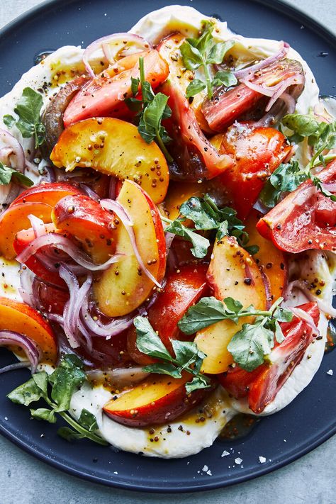 Ny Times Recipes, New York Times Recipes, Peach Goat Cheese, New York Times Cooking, Recipe Tomato, Mustard Vinaigrette, Whipped Goat Cheese, Grape Salad, Peach Salad