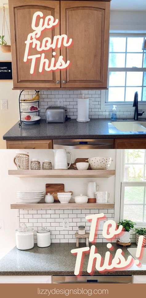 Learn how to take down a kitchen cabinet and hang floating shelves. Tiny Kitchen Floating Shelves, Removing Top Kitchen Cabinets, Shelves For Cabinets In Kitchen, Kitchen Shelving Ideas Floating, Old Kitchen Cabinet Makeover Diy Open Shelving, Kitchen Remodel Shelves, Modern Floating Shelves In Kitchen, Kitchen Floating Cabinets, Cabinet And Shelves Kitchen