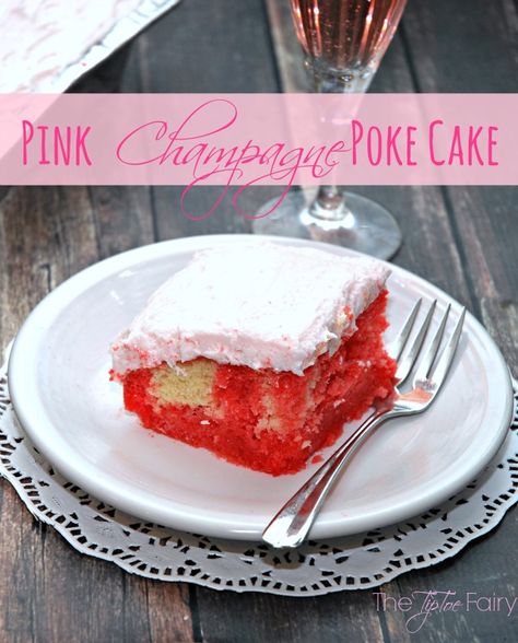 Pink Champagne Poke Cake - a super easy perfect #dessert for your New Year's Eve party! | The TipToe Fairy Super Easy Dessert, Super Easy Desserts, Jello Cake, Friends Cake, Poke Cakes, Dessert Cake Recipes, Pink Foods, New Year's Eve Party, Box Cake Mix