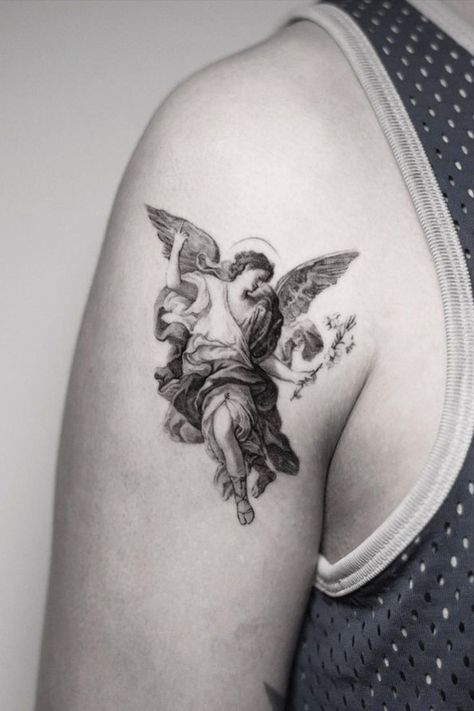 angel realistic holy tattoo black and white Rome Tattoo, Archangel Tattoo, Men Tattoos, Hip Tattoos Women, Chest Piece Tattoos, Greek Tattoos, Tattoo Project, Angel Tattoo, Black Ink Tattoos