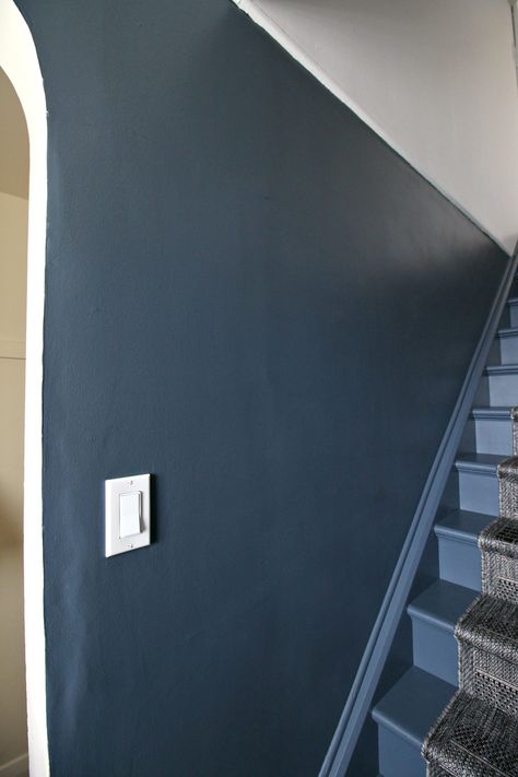 Budget-Friendly DIY Stairwell Makeover Narrow Stairwell, Stairwell Makeover, Wall Geometric, Stairwell Wall, Stairway Decorating, Dark Grey Walls, Narrow Hallway Decorating, Small Chest Of Drawers, Painted Stairs