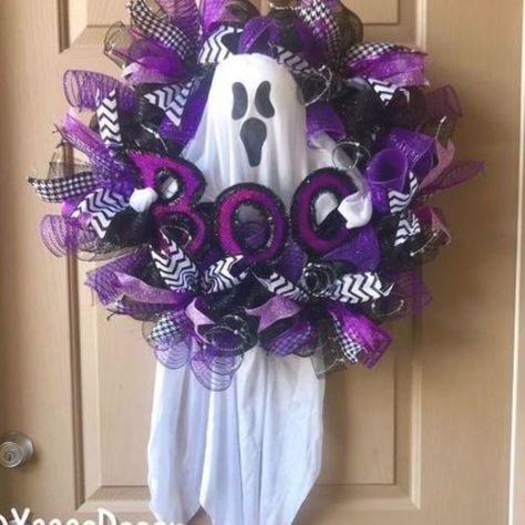 Halloween Doors, Haloween Decor, Black Halloween Wreath, Wreaths Halloween, Witches Night, Ghost Wreath, Halloween Door Decor, Wreaths Design, Halloween Mesh Wreaths