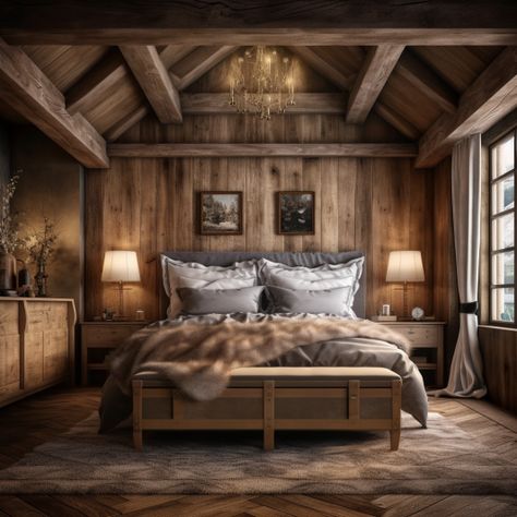 Find tranquility and warmth in this cozy rustic bedroom, a haven of relaxation. #RusticDecor #HomeDecor #Decor Rustic Cosy Bedroom, Rustic House Bedroom, Rustic Cabin Master Bed, Log Home Loft Bedroom, Snowy Cabin Bedroom, Cozy Rustic Bedroom, Cabin Bedroom Decor, Farmhouse Bedroom With Log Bed, Cozy Rustic Bedroom Bed Bath & Beyond