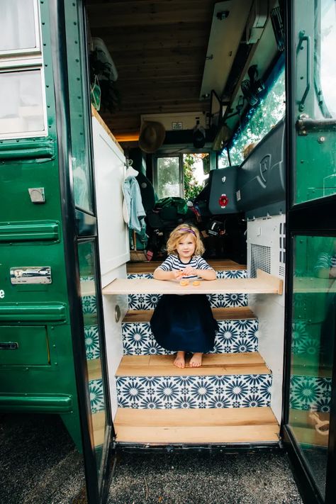 187-Square-Foot Converted Skoolie Tour Photos | Apartment Therapy Skoolie Nursery, Skoolie Conversion Ideas, Family Skoolie, School Bus Tiny House, School Bus Camper, School Bus House, Converted School Bus, Bus Ideas, Elizabeth Stone