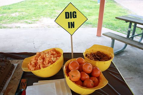 Construction Birthday Party Food, Food Area, Dump Truck Birthday Party, Tractor Birthday Party, Dump Truck Birthday, Construction Theme Birthday Party, Construction Theme Party, Tractor Birthday, Construction Birthday Parties