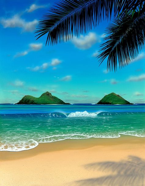 Beautiful Beach Paintings, Hawaii Beach Painting, Paintings Of Hawaii, Seascapes Art Beach Scenes, Hawaii Painting Ideas, Beach Scenes Photography, Painting Beach Scenes, Sea Beach Painting, Tropical Beach Painting