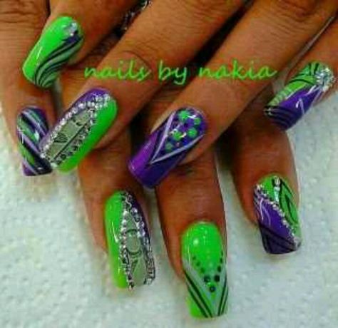 Love the colors! Nail Tip Designs French, Green And Purple Nails, Purple And Green Nails, Make Nails, Green Acrylic Nails, Green Nail Art, Bridal Nail Art, Purple Nail Designs, Green Nail Designs