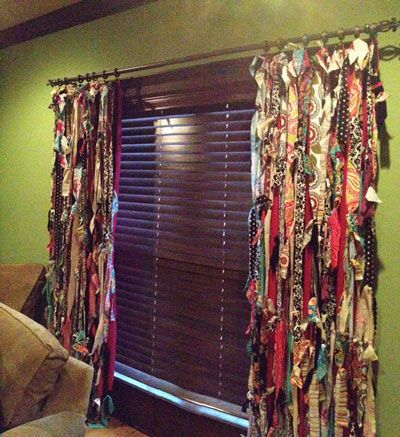 Happy Scrappy Fabric Strip Curtains How-To from InteriorMall.com Fabric Strip Curtains, Rag Curtains, Strip Curtains, Chic Curtains, Diy Window Treatments, Unique Curtains, No Sew Curtains, Unique Nursery, Shabby Chic Curtains