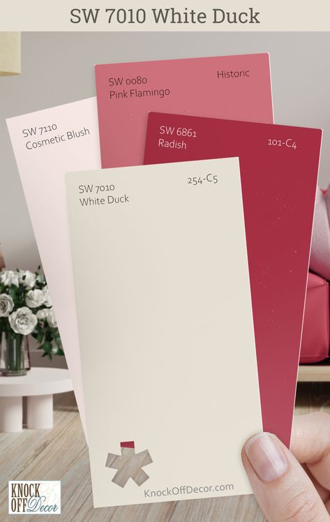 In my design experience, Sherwin-Williams White Duck is the ultimate neutral for a reason. It provides a soothing backdrop for an array of colors. Here it works beautifully with SW Radish, Pink Flamingo, and Cosmetic Blush. My full review spills the secrets on more of best coordinating hues. White And Pink Color Palette, Sherwin Williams White Duck, Pastel Paint Colors, Egret White, Pastel Paint, Sherwin Williams White, Choosing Paint Colours, Trending Paint Colors, Popular Paint Colors