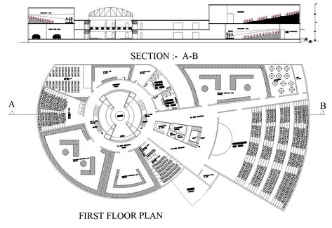 Cultural centre plan. Front elevation of a dimensional plan. Floors indicated different utilizations. It may be a conference room, waiting area, stairs, wide corridor, electrical room, permanent exhibition hall, seminar hall, storage area,etc., Convention Center Design, Cultural Center Architecture, Art Museum Architecture, Hall Storage, Maquette Architecture, Exhibition Plan, Asma Kat, Museum Plan, مركز ثقافي