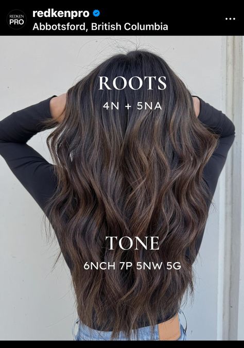 Ash Brown Hair Formula Redken, Ash Brown Redken Formula, Ash Brown Balayage Shades Eq Formula, Shades Eq Cool Brown Formula, Chocolate Brown Hair Redken Formula, Brunette Hair Formulas, Redken Brunette Formulas, Hairdye Ideas, Color Formulations