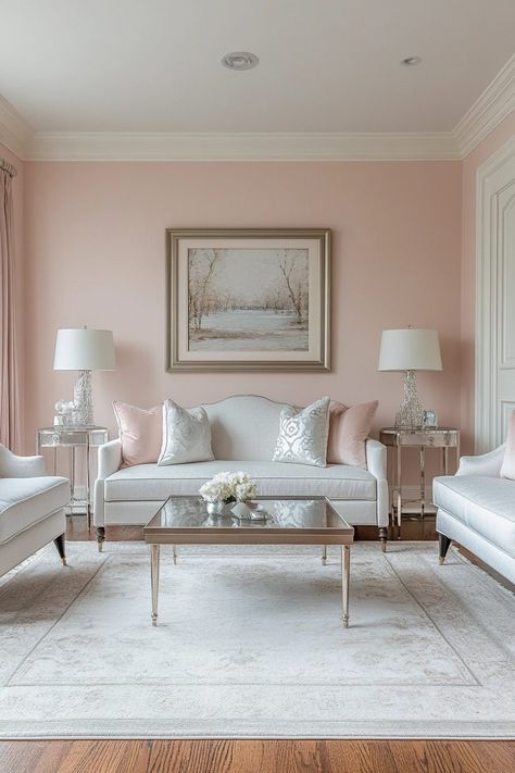 Pale Pink Living Room Walls, Light Pink Living Room, Pale Pink Walls, Pink Living Room Walls, Grey And Pink Living Room, Pink Living Room Ideas, Light Wood Accents, Blush Pink Living Room, Romantic Living Room