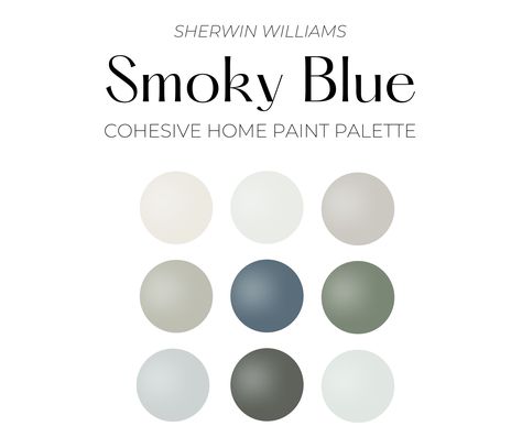 Sherwin Williams Misty Paint, Complimentary Paint Colors, Sherwin Williams Smoky Blue, Sherwin Williams Misty, Blue Paint Color Palettes, Blue Paint Palette, Whole House Paint Palette, Coastal Blue Paint, House Paint Palette