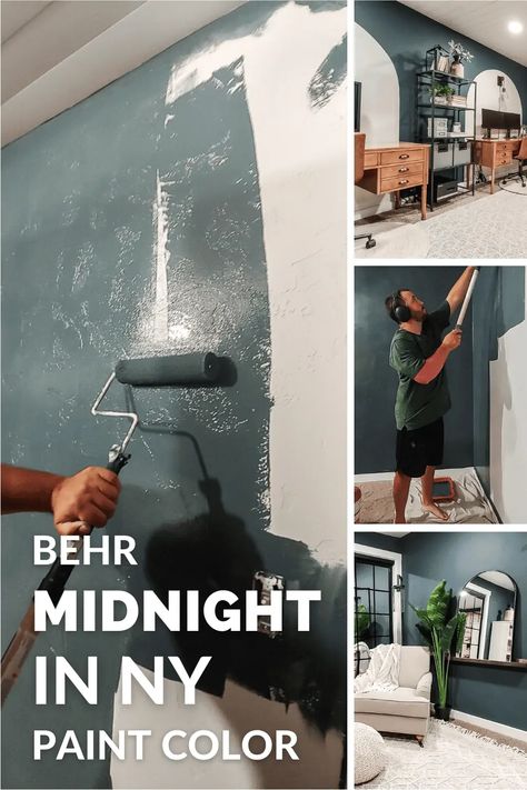 Behr Midnight in NY is a beautiful moody navy green that is the perfect shade for adding depth and drama to a room. Learn all about Behr Midnight in NY in this complete review. Behr Midnight Blue Color Palette, Deep Teal Behr, Midnight In New York Behr Paint, Behr Paint Colors Black Evergreen, Behr Midnight Show, Behr Midnight In Ny, Midnight Show Behr, Midnight In New York Behr, Mcm Paint Colors Behr