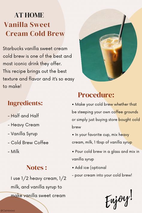 Starbucks Sweet Cold Foam Recipe, Cold Brew Recipes Drinks Starbucks, Vanilla Sweet Cream Cold Brew Recipe, Vanilla Cold Brew Coffee Recipe, Coldbrew Drinks Starbucks, Starbucks Vanilla Sweet Cream Cold Brew, Cold Brew Coffee Recipe Flavored, Starbucks Cold Brew Recipes, Cold Brew Coffee Recipe Starbucks