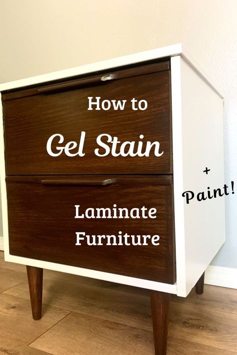 Here's a step by step tutorial on how to stain laminate furniture. Yes, you can stain laminate! In this furniture makeover I show you how to use gel stain on a laminate MCM night stain. Update old laminate furniture with Gel stain easily!   #Gelstain #MCM #FurnitureMakeover Stain Laminate Furniture, Refinishing Laminate Furniture, Laminate Furniture Makeover, Laminate Dresser, Flip Furniture For Profit, Diy Furniture Makeover Projects, Thrifted Furniture, Painting Laminate Furniture, Nightstand Makeover