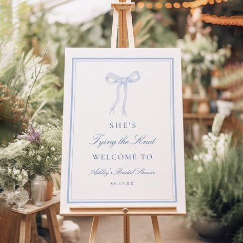 $60.10 | Blue Bow Tying The Knot Bridal Shower Welcome #she's tying the knot, elegant bridal shower, bridal shower welcome sign, tying the knot decorations, bow decorations, bridal shower welcome, coquette, ribbon, blue bridal shower, blue bow Bow Tying, Tropical Wedding Dresses, Coquette Ribbon, Tropical Wedding Decor, Bridal Shower Inspo, Blue Hydrangea Flowers, Blue Bridal Shower, Bachelorette Party Planning, Bridal Shower Flowers