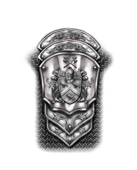 Armor Tattoo Design, Armor Sleeve Tattoo, Family Crest Tattoo, Armor Of God Tattoo, Lion Tattoo Meaning, Armour Tattoo, Shoulder Armor Tattoo, Steel Tattoo, Body Armor Tattoo