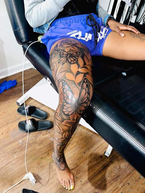 Cute Front Thigh Tattoos Black Women, Hip Tattoos Women Thigh Elephant, Full Right Leg Tattoo, Full Sleeve Tattoos With Meaning, Roses Leg Sleeve Tattoo, Thigh And Leg Tattoo, Baddie Leg Sleeve Tattoo, Leg Sleeve Tattoo Black Women, Inside Thigh Tattoos Women