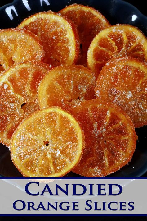 A blue plate with candied orange slices arranged on it. Edible Dried Orange Slices, Candied Citrus Slices, Candied Orange Peel Recipe, Orange Peel Recipe, Canadian Living Recipes, Candied Fruit Recipes, Candied Citrus, Candied Orange Slices, Candied Fruits