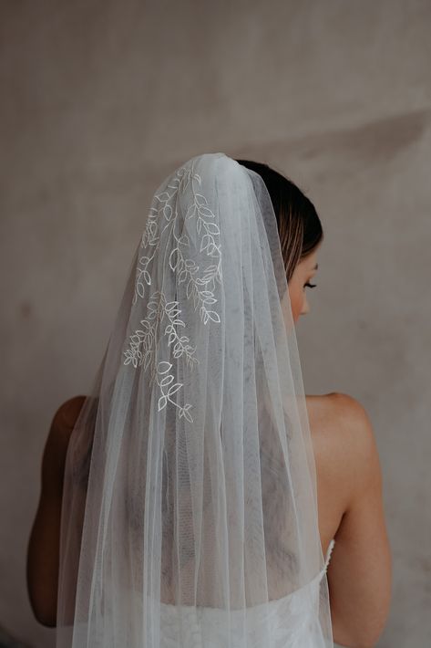 Statement Veil, Bleached Ruscus, Unique Veil, Embroidered Veil, Floral Veil, Long Brunette Hair, Cathedral Length Veil, Bride Veil, Leaf Patterns