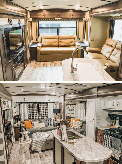 Camper Living Room Decor, Rear Living Rv Remodel, Rv Fireplace Makeover, Camper Renovation Before After, Camper Before And After, Camper Living Full Time Decor, Fifth Wheel Remodel Before And After, Cozy Rv Interiors, Farmhouse Rv Remodel