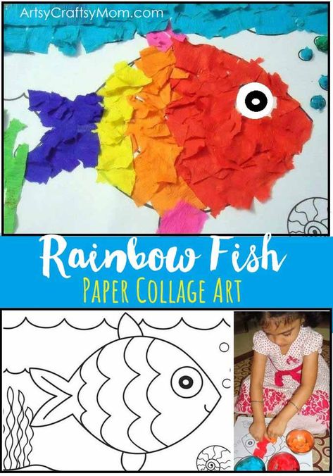 Rainbow Fish Crepe Paper Collage Art via @artsycraftsymom Collage Art For Preschoolers, Collage Art For Kindergarten, Kindergarten Collage Art, Kids Collage Art, Kolaj Art Ideas For Kids, Kids Collage Ideas, Crepe Paper Crafts For Kids, Kolaj Art Ideas, Paper Collage Art For Kids