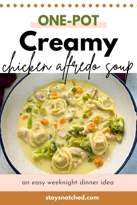 If you are a cream sauce and alfredo fan you are going to love this Creamy Tortellini Chicken Alfredo Soup. This one-pot meal is made with a homemade sauce and packed with a few vegetables making it perfect for meal prep and weeknight dinners. Chicken Alfredo Soup Recipe, Chicken Alfredo Soup, Alfredo Soup, Soup With Tortellini, Tortellini Chicken, Creamy Chicken Alfredo, Creamy Tortellini, Creamy Chicken Soup, Meal Prep Guide