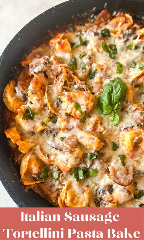 Italian Sausage and Tortellini Bake is tortellini pasta cooked to perfection with a hearty marinara sauce and Italian sausage. With a few simple ingredients, you will have dinner on the table in well under 30 minutes! #easydinner #30minutemeals #italiansausagerecipes #pastafoodrecipes #pastarecipe #weeknightdinner Baked Cheese Tortellini, Italian Sausage Recipes Pasta, Baked Italian Sausage, Sausage And Tortellini, Turkey Sausage Recipes, Red Sauce Recipe, Homemade Marinara Sauce, Marinara Recipe, Pesto Tortellini