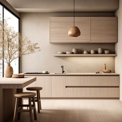 The best of 2 worlds: How to Master Japandi Interior Design for a Serene Sanctuary - axxla interior design Japandi Small Kitchen Ideas, Japandi Kitchen U Shape, Japandi Kitchen Splashback, Japandi Tiles Kitchen, Japanese Style Kitchen Modern Minimalist, Japanese Kitchen Design, Cafeteria Decor, Modern Kitchen Island Design, Best Kitchen Layout