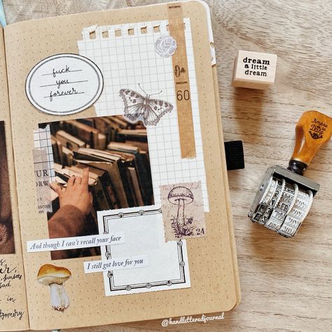 Journal collage page Collage Pages Art Journaling, Collage Page Ideas, Scrap Booking Ideas Layouts Aesthetic, Journal Cover Ideas Decorating, Polaroid Journal, Bullet Journal Vintage, Vintage Bullet Journal, Vintage Journal Pages, Diary Collage