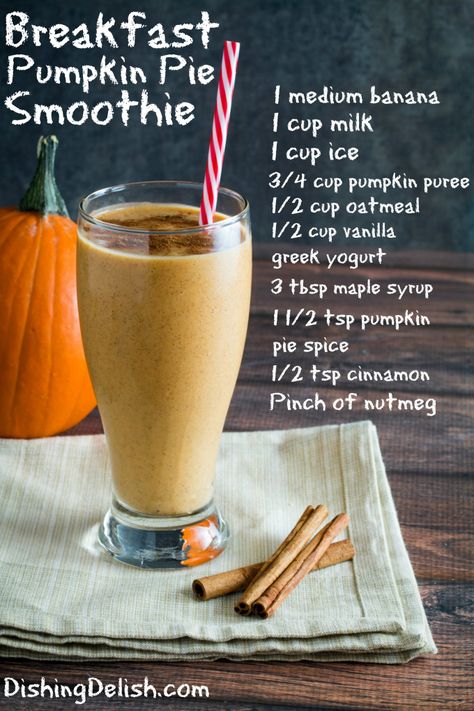 Pumpkin Pie Smoothie, Pumpkin Smoothie, Easy Pumpkin Pie, Breakfast Smoothies, Smoothie Shakes, Shake Recipes, Banana Smoothie, Breakfast Smoothie, Breakfast Table