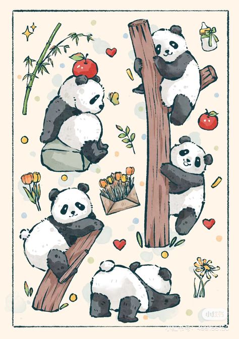 Animal Character Illustration, Midnight Vibes, Panda Habitat, Panda Poster, Panda Illustration, Baby Panda Bears, Bookmark Design, Animal Sketch, Kawaii Characters