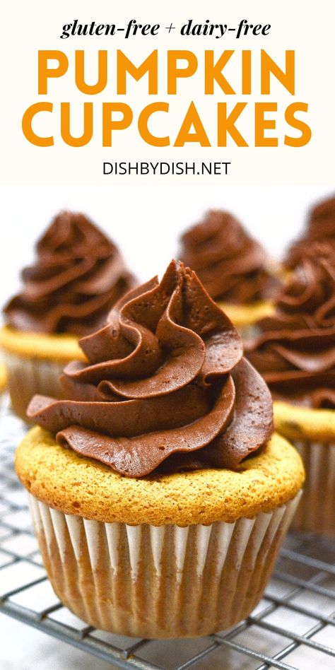 These easy gluten-free pumpkin cupcakes are filled with pumpkin flavor, studded with chocolate chips, and topped with a decadent chocolate frosting. They make a tasty sweet snack or dessert for the fall, and are perfect for your holiday table! Totally dairy-free too. Pumpkin Chocolate Chip Cupcakes, Pumpkin Cupcake Recipes, Pumpkin Cravings, Chocolate Chip Cupcakes, Banana Oat Muffins, Halloween Food Desserts, Spiced Chocolate, Pumpkin Chocolate Chip, Thanksgiving Food Desserts