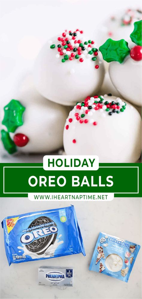 Oreo Cookie Balls Christmas, Snowman Oreo Cookies, Oreo Balls For Christmas, Oreo Balls Recipe Christmas, Grinch Oreo Balls Recipe, Oreo Christmas Balls, Christmas Oreo Truffles, Oreo Christmas Treats, Oreos And Cream Cheese