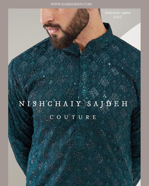 Teal embroidered kurta with intricate thread work and heavy sequin embroidery. Shop now at www.kasbahmen.com Sequin Embroidery, Embroidery Shop, April 19, Sequins Embroidery, Thread Work, Sequin, Thread, Shop Now, Embroidery