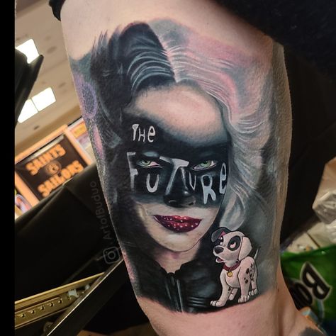 Cruella Deville Tattoo Ideas, Cruella Tattoo, Permanent Cosmetics, Movie Tattoo, Gangsta Tattoos, Cruella Deville, 101 Dalmatians, Custom Tattoo, Social Club