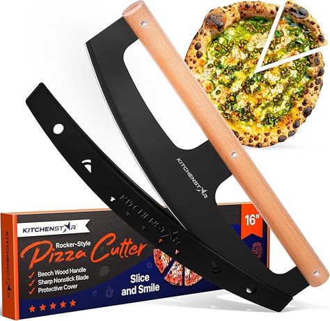 16" Pizza Cutter Rocker by KitchenStar - Razor Sharp Stainless Steel Slicer Knife w Wooden Handle & Blade Cover, Black - Premium Pizza Oven Accessories Pizza Wheels, Crispy Flatbread, Pizza Knife, Pizza Slicer, Pizza Oven Accessories, Making Pizza, Pizza Wheel, Perfect Pizza, How To Make Pizza