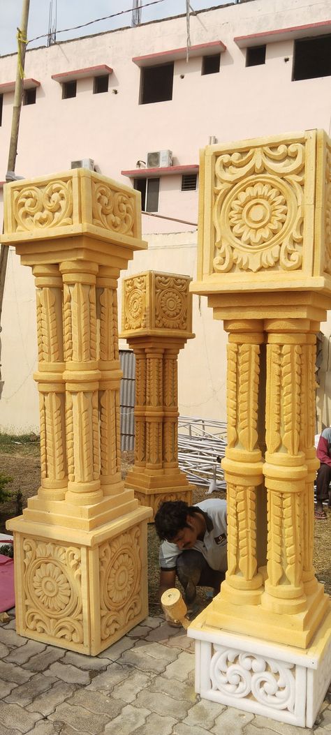 Indian Column Design, Indian Pillar, Chettinad Pillars, Indian Temple Pillar Design, Ancient Pillar Design, Pillar Decorations, Thermocol Craft, Ganesh Chaturthi Decoration, Ganapati Decoration