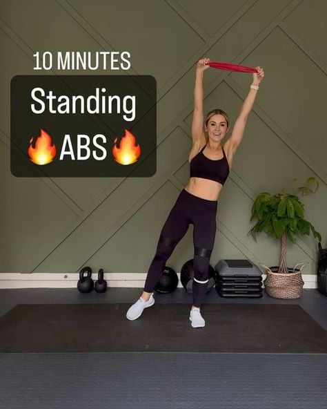 Kat B | Home Workouts on Instagram: "10 Min Standing Abs Workout with just 1 small resistance band Do each exercise 10 reps and repeat this circuit 3x. 🎵 Monster - Tobin Schulz Remix Sports bra- @lululemon Leggings - @lilybod Shoes - @apl Large exercise mat (8x4) is from @yogorillamats They have many other sizes and the quality is 👌🏼👌🏼 Use my code katbfit for 10% off #absvideos #coreworkouts #abexercises #howtotoneyourtummy #abworkoutideas #abworkoutsfromhome #strongcore #absworkout #standingabs"