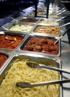 Pasta buffet: meat choices - meatballs, chicken, and shrimp. Sauce - spaghetti sauce, Alfredo, and scampi. Pasta - penne, fetuccini and angel hair Reception Food Station, Wedding Sandwiches, Wedding Reception Food Stations, Pasta Buffet, Wedding Reception Food Buffet, Buffet Wedding Reception, Wedding Buffet Food, Italian Buffet, Wedding Food Stations