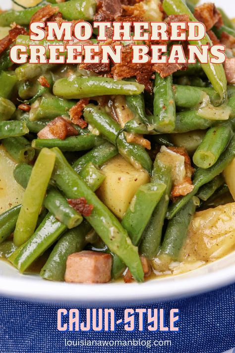 These Smothered Green Beans: Cajun-Style are a classic example of true southern Louisiana cooking. This side dish of green beans and potatoes are smothered in onions with ham and bacon. The small roux makes a sauce that covers the vegetables with a glaze then it's seasoned to perfection. Smothered Green Beans With Potatoes, Louisiana Cooking Recipes, Smothered Green Beans And Potatoes, Smothered Green Beans Recipe, Southern Green Beans And Potatoes, Green Beans With Onions, Green Beans And Ham, Green Beans With Potatoes, Cajun Recipes Louisiana