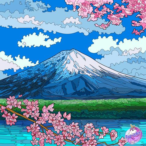 Mount Fuji Glass Painting Patterns, Arte Peculiar, Blossoms Art, Mount Fuji, Dessin Adorable, Landscape Illustration, Anime Scenery Wallpaper, Painting Art Projects, Colorful Drawings