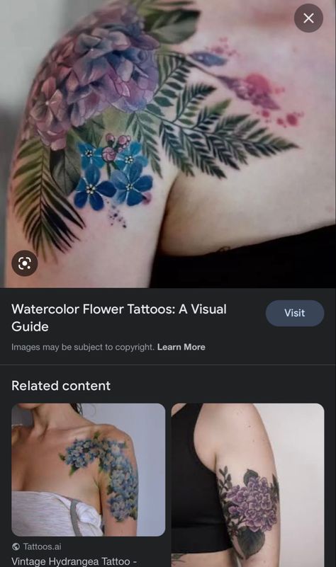 Hydrangea Shoulder Tattoo, Hydrangea Tattoo, Purple Tattoos, Hip Tattoos Women, Hip Tattoo, Blue Hydrangea, Shoulder Tattoo, New Tattoos, Arm Tattoo